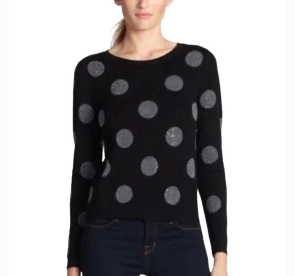 Alice + Olivia Celyn Rhinestone Polka Dot Sweater Women XS Black Wool Crop